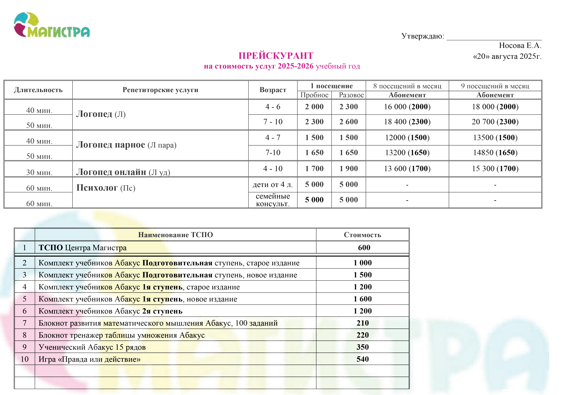 Стоимость дополнительных услуг Школы Магистра Троицк